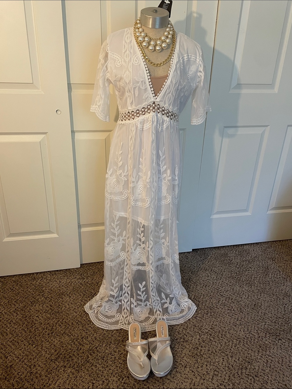Sheer White Embroidered V-Neck Maxi Dress with Crochet Waist